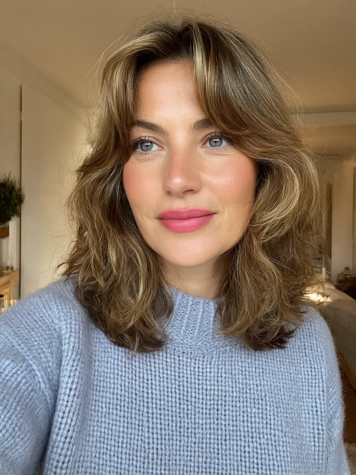 Golden Brown Layered Shag with Wavy Shoulder-Length Hair